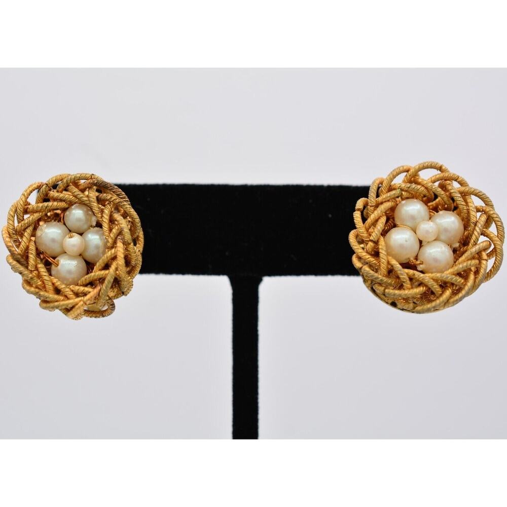 Japan Vintage Clip Earrings Nest Egg Pearl Beaded Cage Gold Tone Signed BinAF
